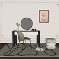 Elegant White Dresser With Gold Frame Round Mirror Beige Chair Decorative Painting Dried Flowers