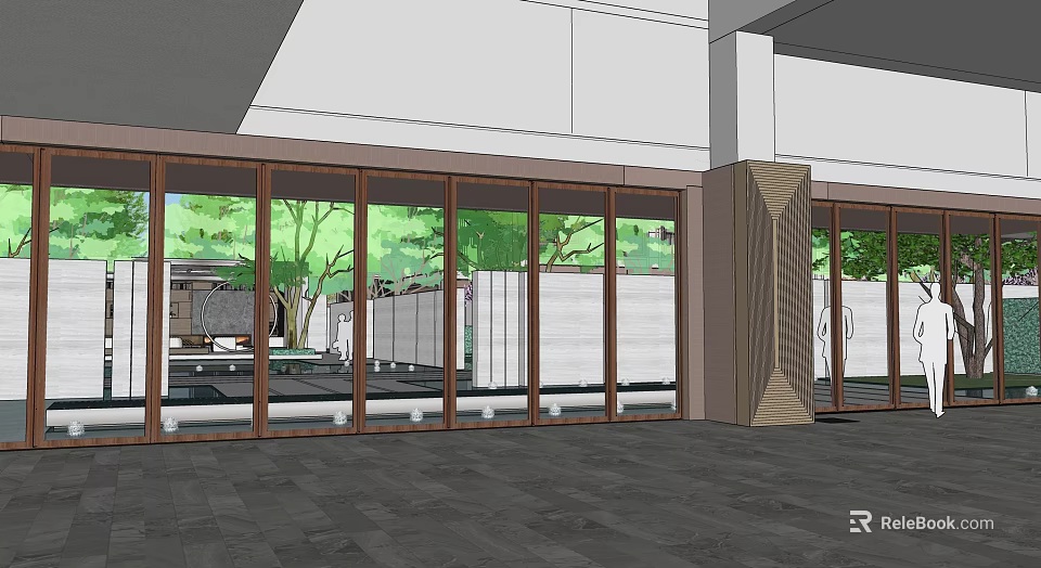 Garden Landscape View Through Large Glass Windows In Building Interior With Trees 3d model 