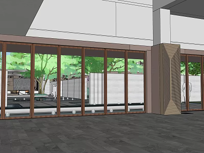 Garden Landscape View Through Large Glass Windows In Building Interior With Trees 3d model