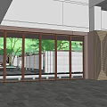 Garden Landscape View Through Large Glass Windows In Building Interior With Trees
