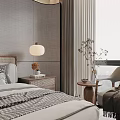 Modern Elegant Bedroom Interior With Upholstered Bed Nightstand Pendant Light And Curtains