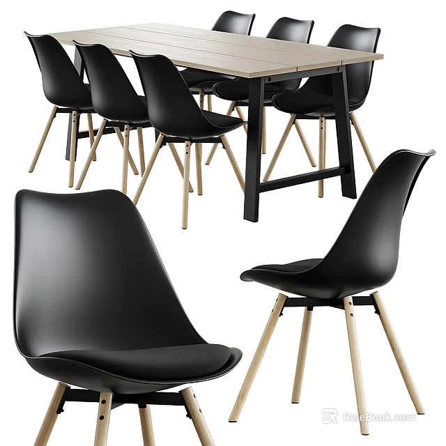 Modern Table And Chair Set With Black Chairs And Wooden Legs 3d model 