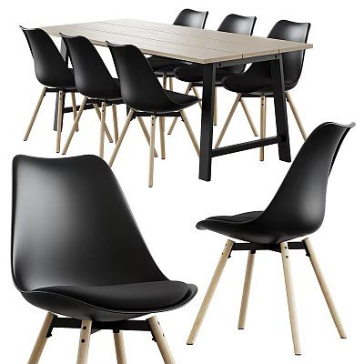 Modern Table And Chair Set With Black Chairs And Wooden Legs 3d model