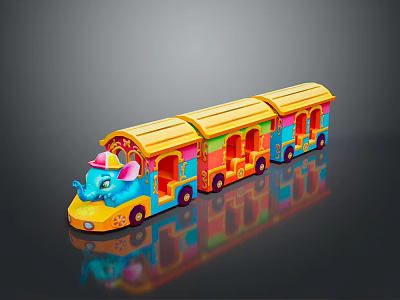 Kids Brightly Colored Toy Train With Elephant Shaped Head And Three Decorative Carriages 3d model