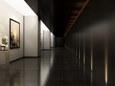 Modern Cultural Center Interior With Art Displays Long Corridor And Warm Lighting 3d model