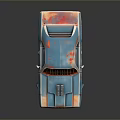 Vintage Blue Car With Rusty Details Front Grille And Hood Exhaust Pipes