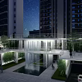 Modern High Rise Building Entrance Gate At Night With Lighting Green Plants And Cars