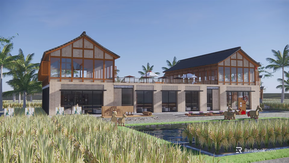Traditional Countryside Guesthouse Building With Wooden Roof Large Windows Rice Fields Pond And Palm Trees 3d model 