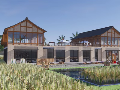 Traditional Countryside Guesthouse Building With Wooden Roof Large Windows Rice Fields Pond And Palm Trees 3d model