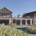 Traditional Countryside Guesthouse Building With Wooden Roof Large Windows Rice Fields Pond And Palm Trees