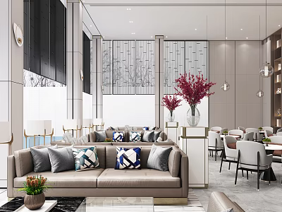 Modern Hotel Public Lounge Area With Beige Sofa Gray Blue Cushions Green Plants Large Windows 3d model