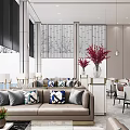Modern Hotel Public Lounge Area With Beige Sofa Gray Blue Cushions Green Plants Large Windows