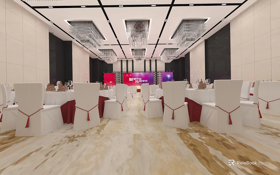 Elegant Banquet Hall Interior With White Chairs Red Sashes Chandeliers And Marble Floor 3d model 