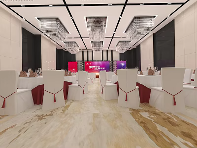 Elegant Banquet Hall Interior With White Chairs Red Sashes Chandeliers And Marble Floor 3d model