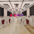 Elegant Banquet Hall Interior With White Chairs Red Sashes Chandeliers And Marble Floor
