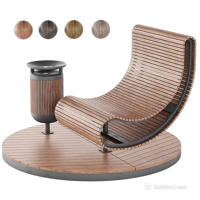 Curved Wooden Public Chair With Various Wood Grains Circular Platform And Trash Can 3d model 