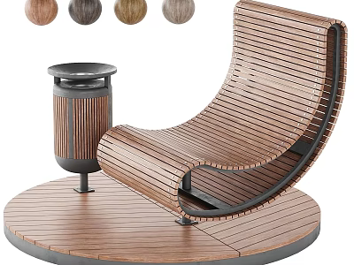 Curved Wooden Public Chair With Various Wood Grains Circular Platform And Trash Can 3d model