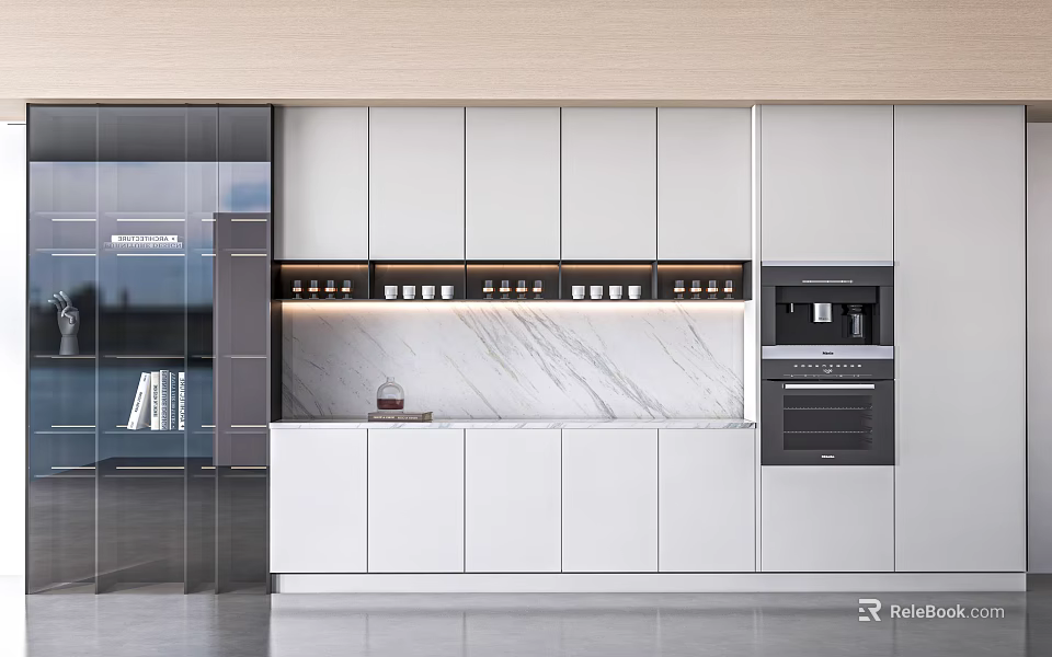 Modern Kitchen With White Cabinets Marble Backsplash And Built In Appliances 3d model