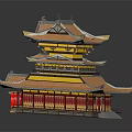 Ancient Chinese Architecture Multi Layered Structure With Orange Tiled Roof Overhanging Eaves And Red Pillars