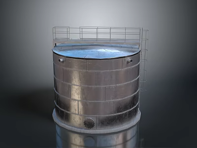 Metal Cylindrical Water Storage Tank with Top Guardrail Side Ladder and Base Structure 3d model