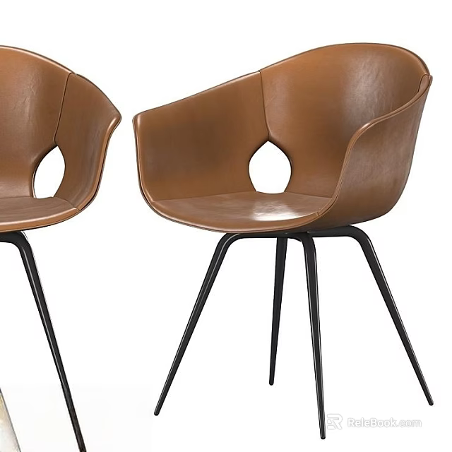 Modern Brown Leather Accent Chair With Hollow Back Design And Black Metal Legs 3d model 
