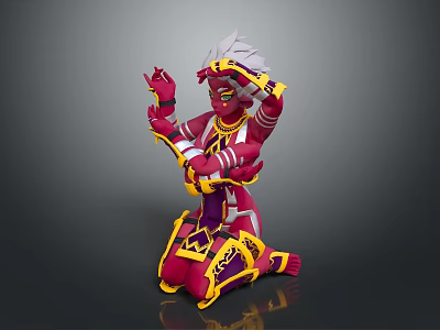 Futuristic Fantasy Character With Red Yellow Armor Intricate Ornaments White Headdress In Kneeling Pose 3d model