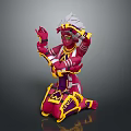 Futuristic Fantasy Character With Red Yellow Armor Intricate Ornaments White Headdress In Kneeling Pose