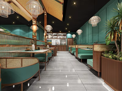 Elegant Restaurant Interior With Teal Seats Wooden Booths Pendant Lights And Green Plants 3d model