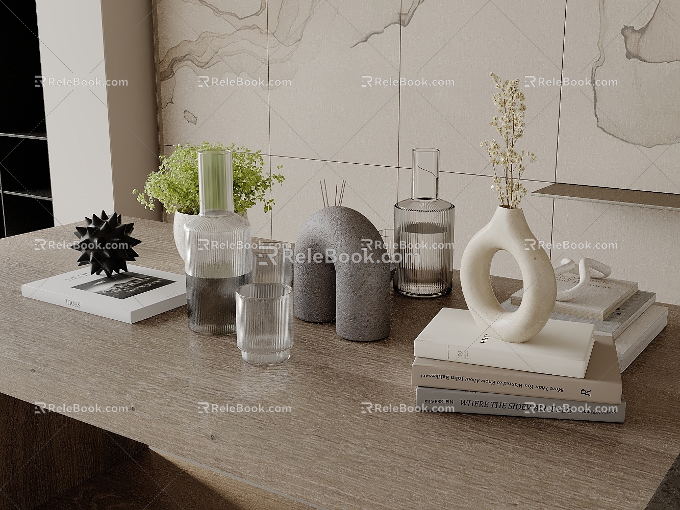 Modern Dining Table Ornaments Potted Wine Vase Dried Books 3d model