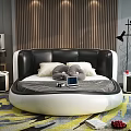 Round Double Bed Modern Bedroom With Black White Headboard Pillows Striped Blanket Colorful Rug