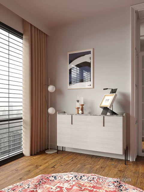 Entryway Cabinet Sideboard With White Finish Metal Handles Table Lamp Photo Frame And Wall Painting 3d model 