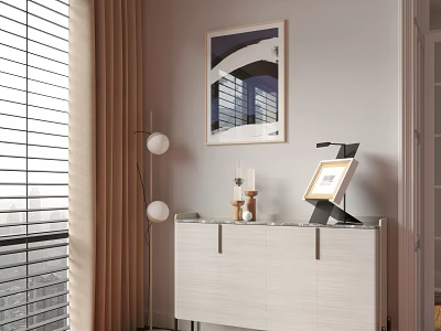 Entryway Cabinet Sideboard With White Finish Metal Handles Table Lamp Photo Frame And Wall Painting 3d model