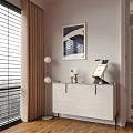 Entryway Cabinet Sideboard With White Finish Metal Handles Table Lamp Photo Frame And Wall Painting