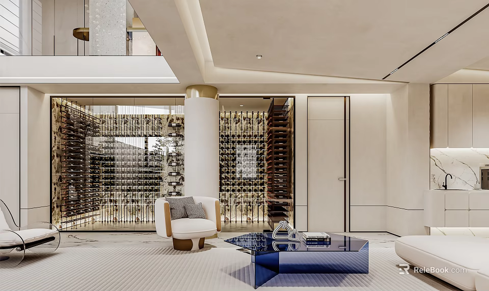 Modern Wine Cellar Interior Design With Metal Wine Racks And Ambient Lighting 3d model 