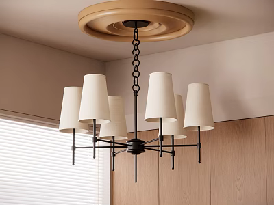 Modern Chandelier With Multiple White Fabric Shades And Black Metal Frame Hanging From Ceiling 3d model