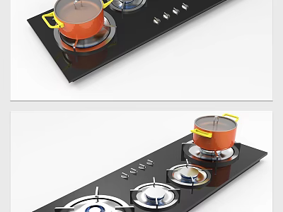 Modern Kitchen Appliance Gas Stove With Black Surface Multiple Burners And Orange Pot 3d model