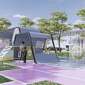 Children's Play Area with Green Trees Lawn and Colorful Slide Play Equipment