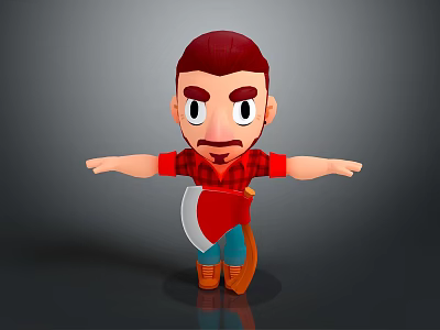 Cartoon Doll With Red Hair Red Plaid Shirt Blue Pants Brown Boots Axe Arms Outstretched 3d model