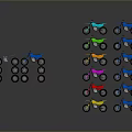 Colorful Motorcycle Models with Black Wheels in Blue Green Orange Red Yellow Arranged in Rows