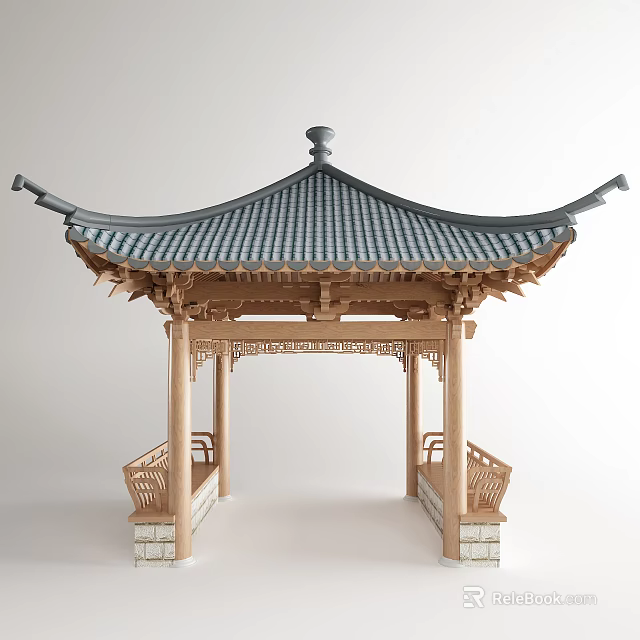 Traditional Chinese Pavilion With Curved Eaves Gray Tile Roof Wooden Carvings And Stone Base Benches 3d model 
