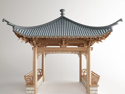 Traditional Chinese Pavilion With Curved Eaves Gray Tile Roof Wooden Carvings And Stone Base Benches 3d model