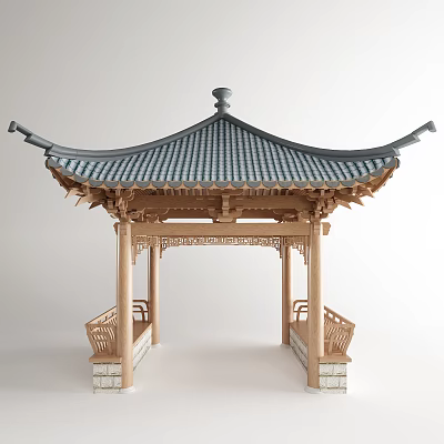 Traditional Chinese Pavilion With Curved Eaves Gray Tile Roof Wooden Carvings And Stone Base Benches 3d model