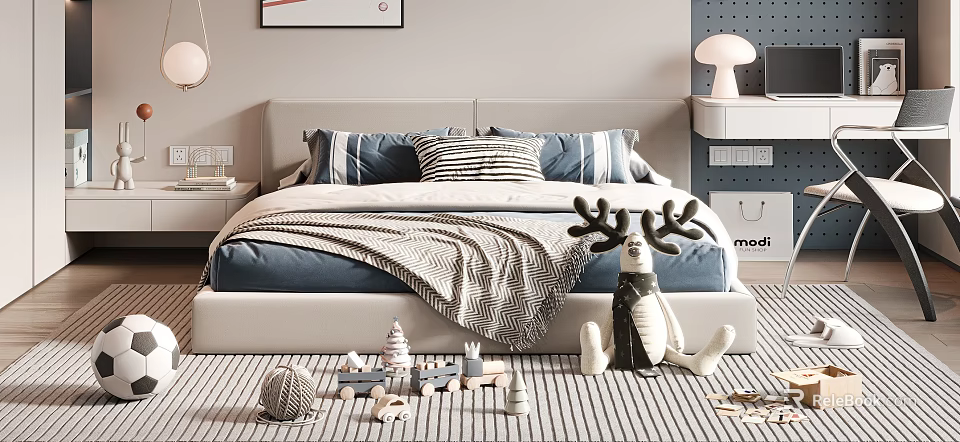 Kids Bed with Stuffed Deer Building Blocks Striped Rug Pillows and Blanket 3d model 