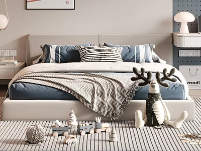 Kids Bed with Stuffed Deer Building Blocks Striped Rug Pillows and Blanket 3d model