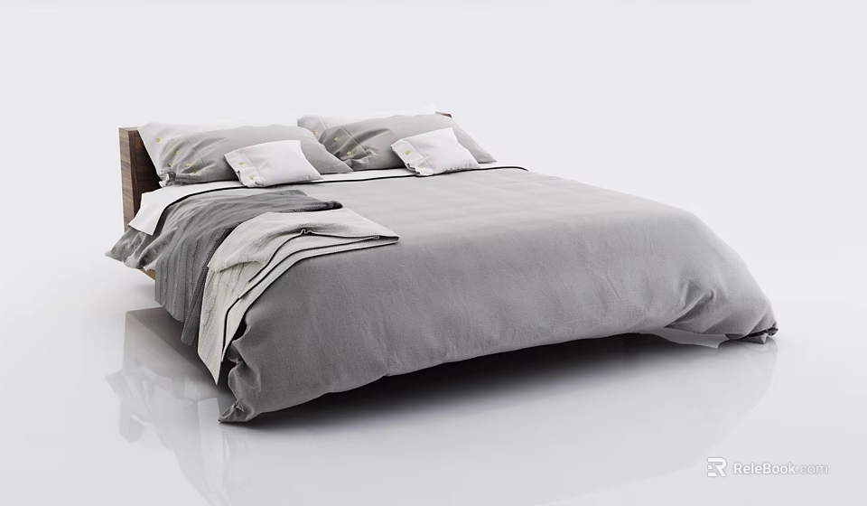 Modern Double Bed With Gray Bed Linen Decorative Pillows And Wooden Frame 3d model 