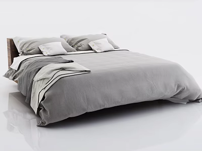 Modern Double Bed With Gray Bed Linen Decorative Pillows And Wooden Frame 3d model