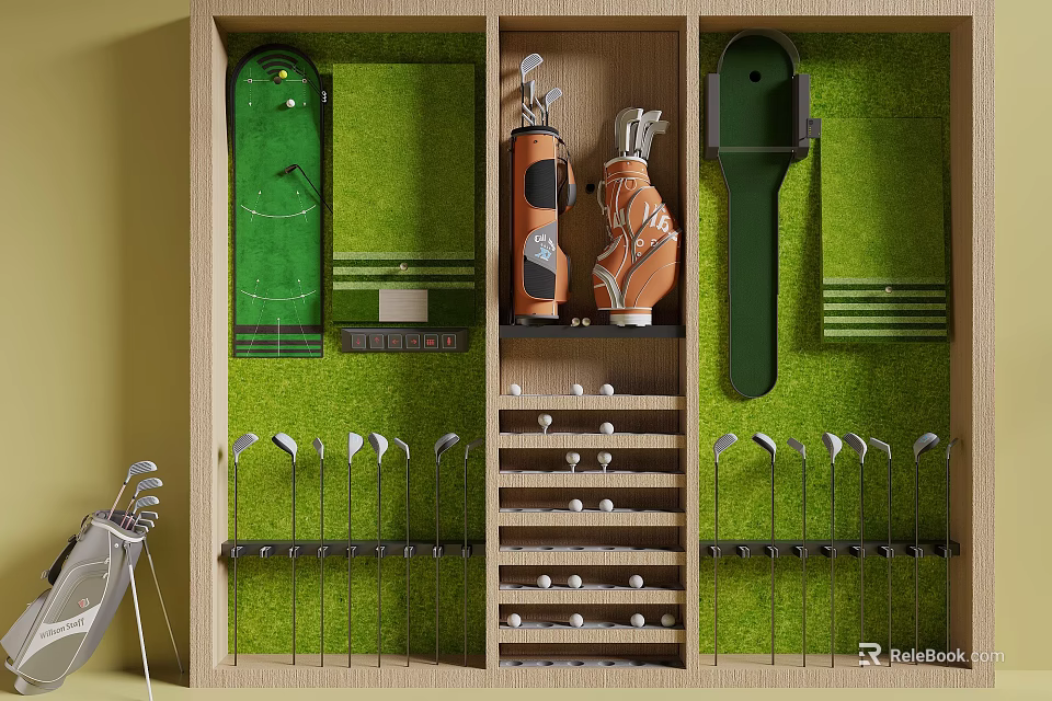 Golf Course Equipment Storage Organizer With Clubs Bags Balls And Green Turf 3d model 