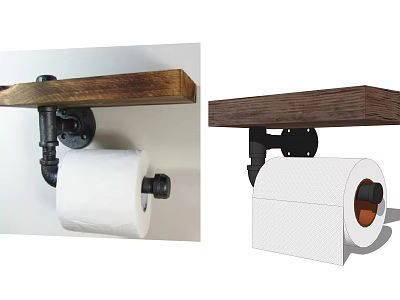 Wall Mounted Toilet Paper Holder With Wooden Shelf And Black Metal Brackets For Bathroom 3d model