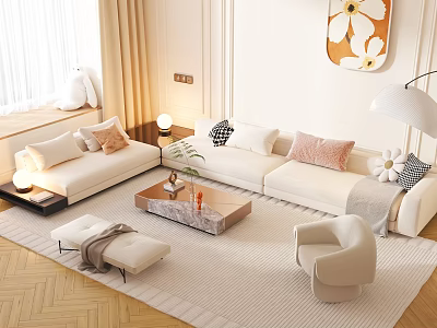 Elegant Modern White Sofa And Coffee Table Set With Cushions Rug And Floor Lamp 3d model