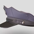 Dark Blue Police Hat Featuring Silver Badge Black Leather Strap and Brim
